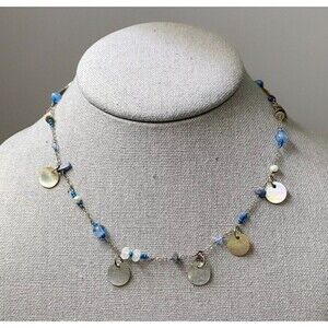 Lia Sophia Abelone Disc 16" Necklace Dainty Blue White Beads Silver Tone Signed